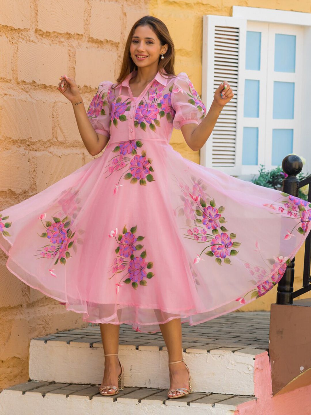 Ananya Pink Floral Organza Dress