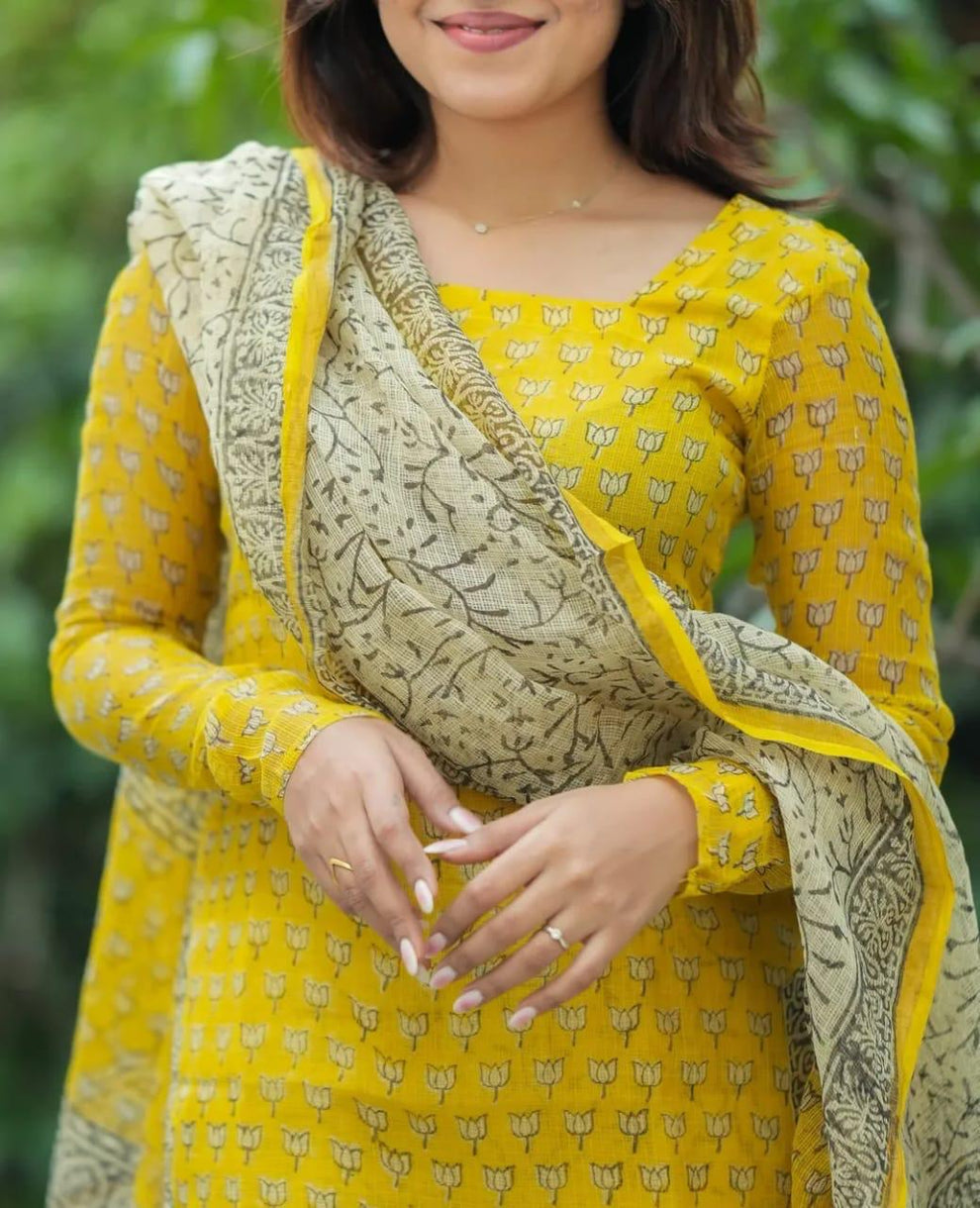 Premium Yellow Floral Printed Kota Doria Kurta Set ( Buy 1 Get 1 Free Kurti )
