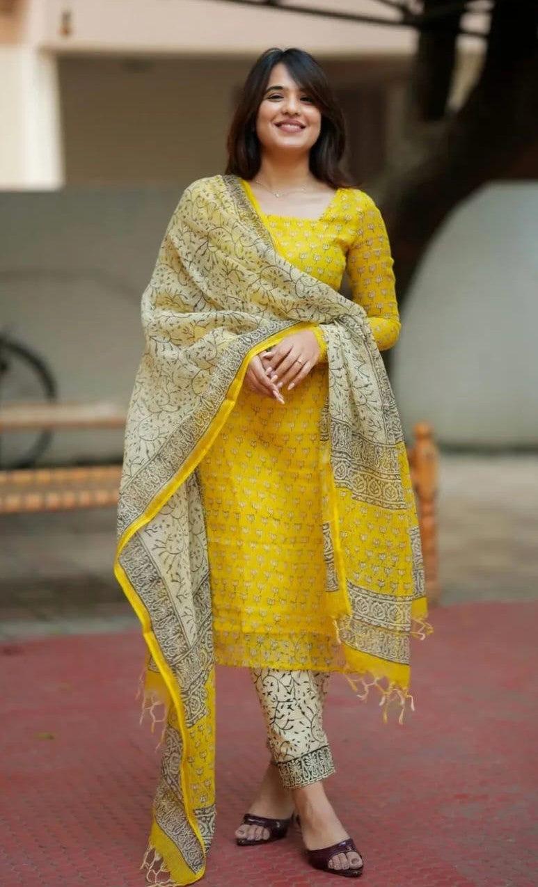Premium Yellow Floral Printed Kota Doria Kurta Set ( Buy 1 Get 1 Free Kurti )