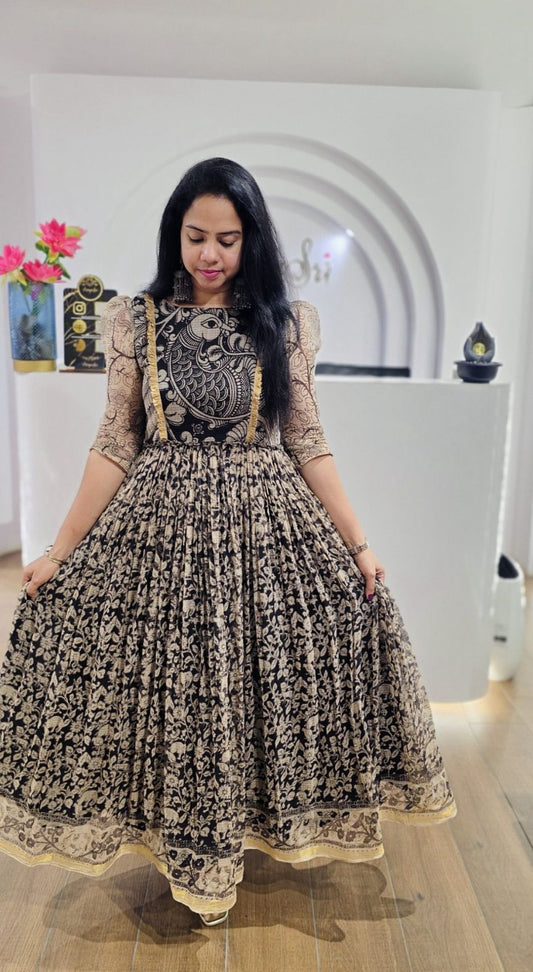 Premium Peacock Cubic Kota Kalamkari Frock