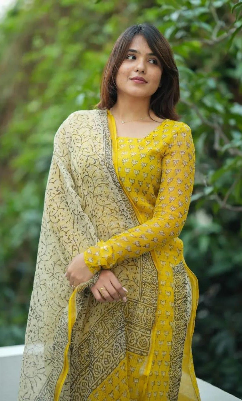 Premium Yellow Floral Printed Kota Doria Kurta Set ( Buy 1 Get 1 Free Kurti )
