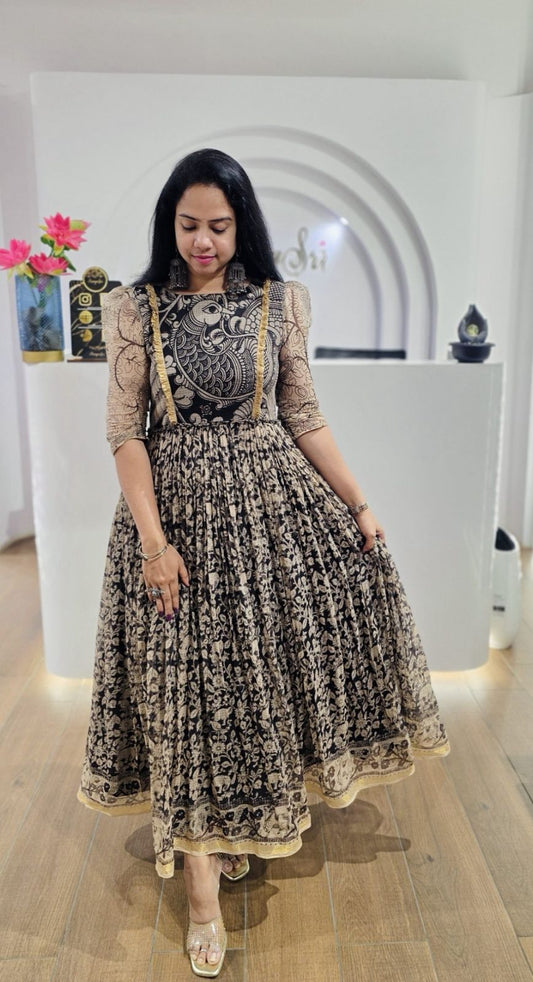 Premium Peacock Cubic Kota Kalamkari Frock
