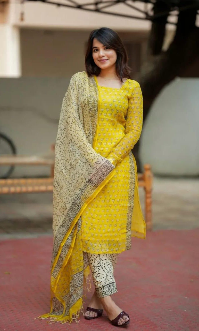 Premium Yellow Floral Printed Kota Doria Kurta Set ( Buy 1 Get 1 Free Kurti )
