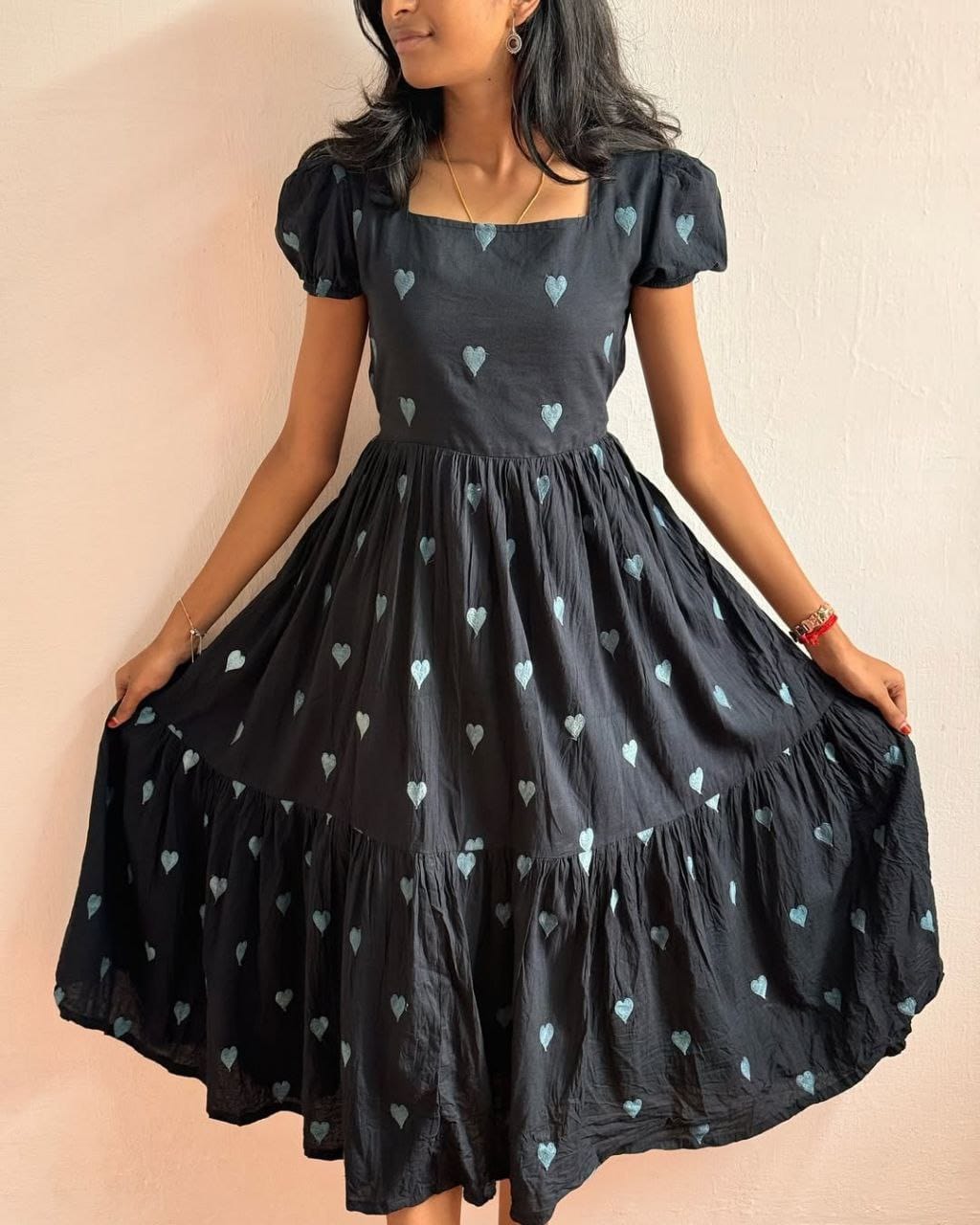 Premium Black Love Maxi Dress: Embroidery Heart Design