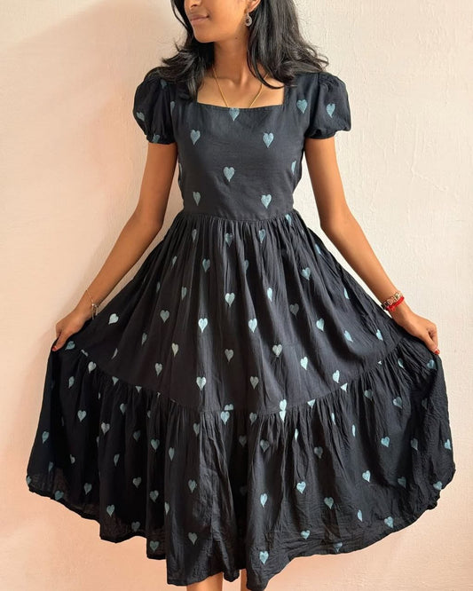 Premium Black Love Maxi Dress: Embroidery Heart Design