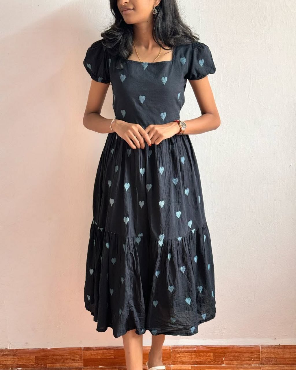 Premium Black Love Maxi Dress: Embroidery Heart Design